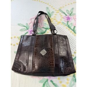 Coldwater Creek Dark Brown Faux Croc Tote Bag Silver Accent